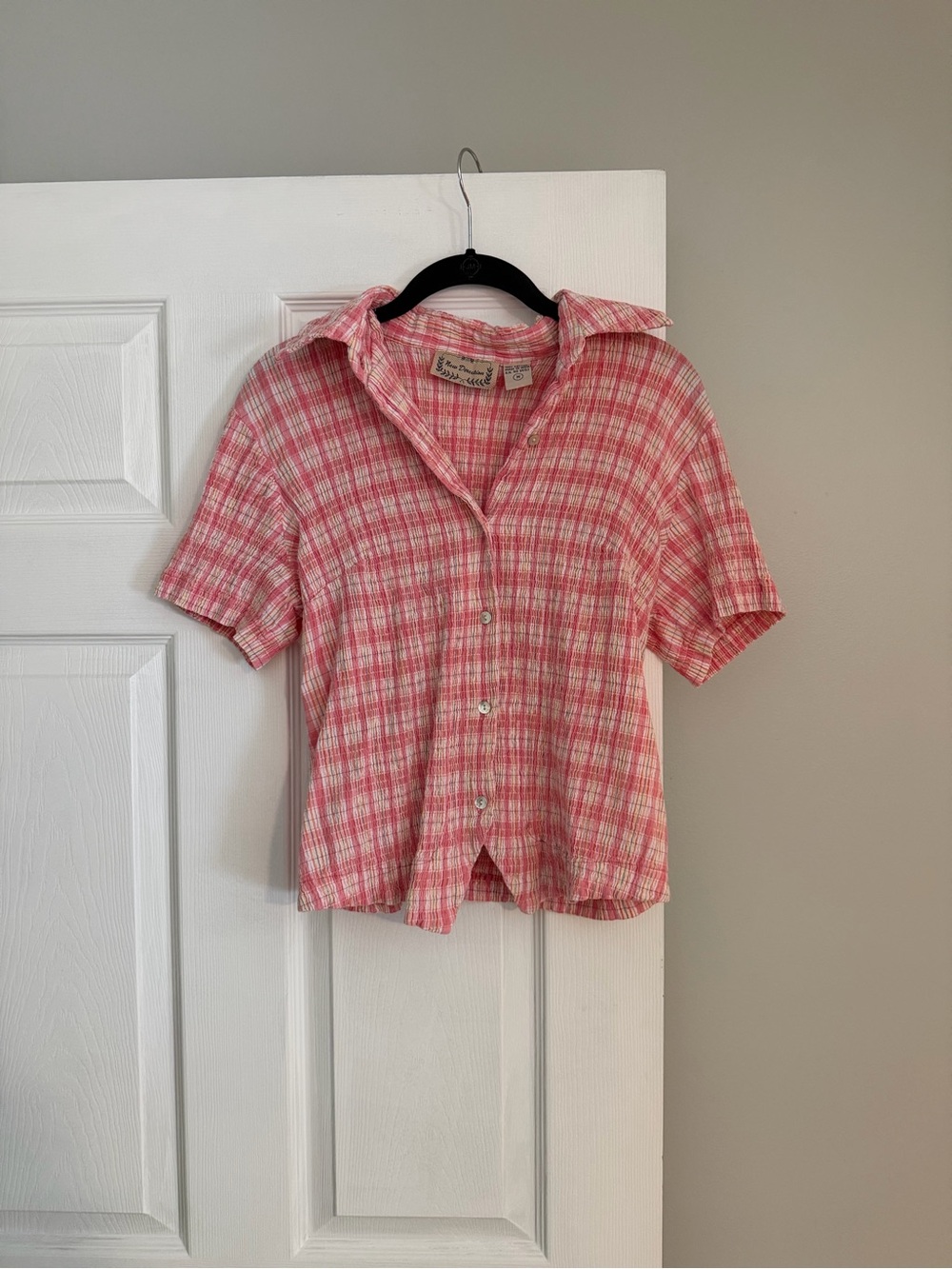 Vintage new directions Pink & White Plaid Short Sleeve Button Front Shirt size m